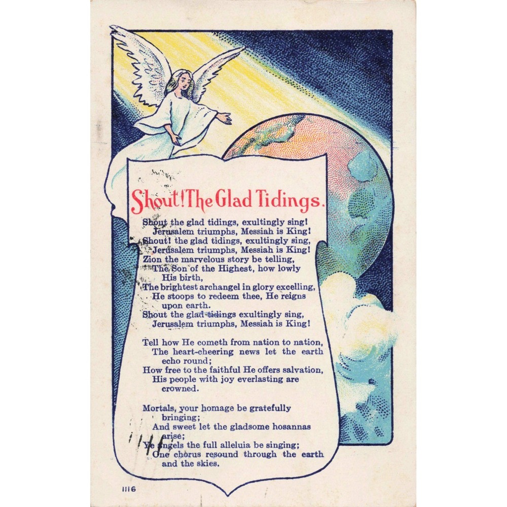Christmas Postcard Shout The Glad Tidings Hymn Angel Earth 1116 Antique 1910